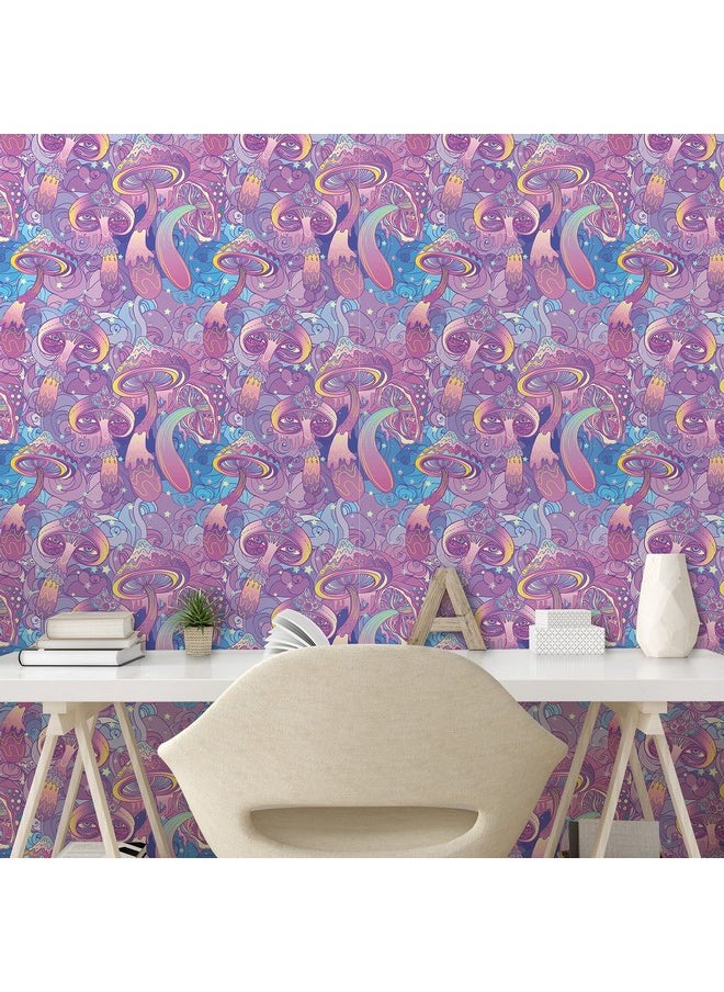 Lunarable - Mushroom Peel & Stick Wallpaper For Home Compositions Trippy Swirls Eyes Dreamlike Selfadhesive Living Room Kitchen Accent 13 X 100 Purple Pale Blue Yellow - Image 1
