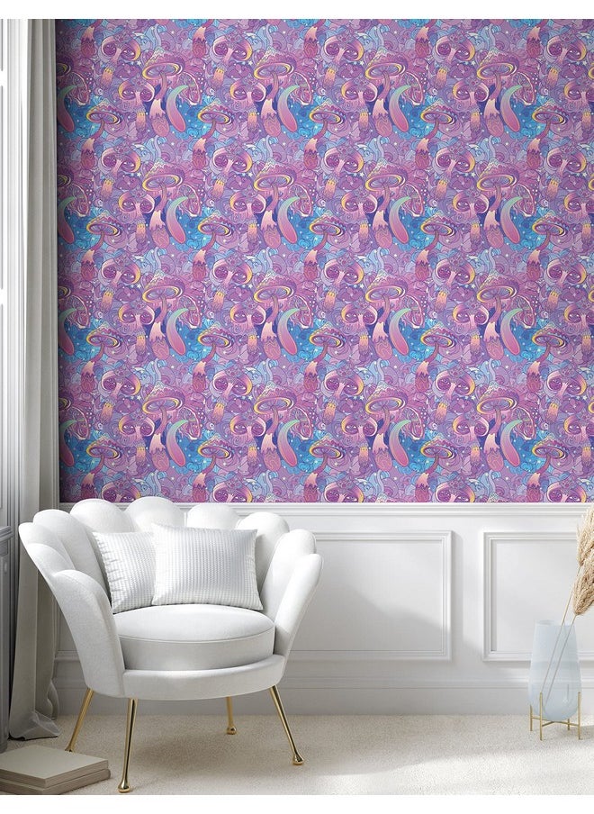Lunarable - Mushroom Peel & Stick Wallpaper For Home Compositions Trippy Swirls Eyes Dreamlike Selfadhesive Living Room Kitchen Accent 13 X 100 Purple Pale Blue Yellow - Image 1