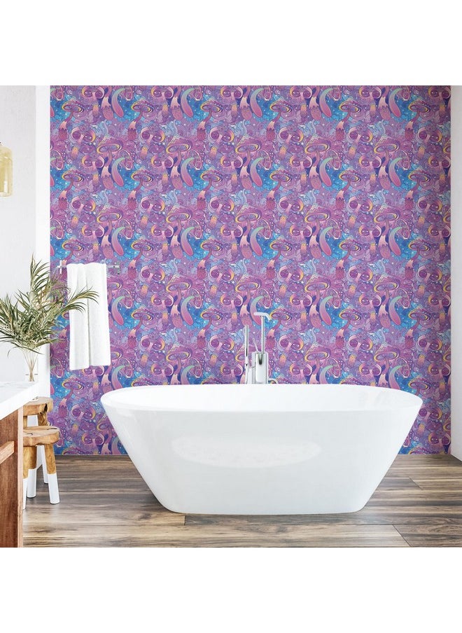 Lunarable - Mushroom Peel & Stick Wallpaper For Home Compositions Trippy Swirls Eyes Dreamlike Selfadhesive Living Room Kitchen Accent 13 X 100 Purple Pale Blue Yellow - Image 1