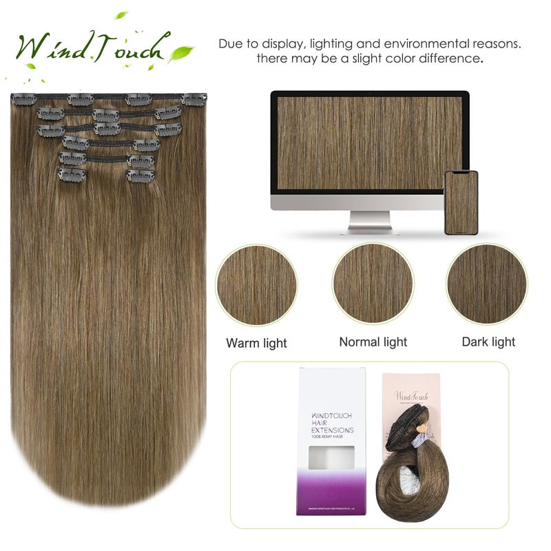 WindTouch Clip in Hair Extensions Remy Hair Ash Brown For Black Women 20Inch 75g Soft Clip Ins #8 7PCS Gift For Women - Image 4