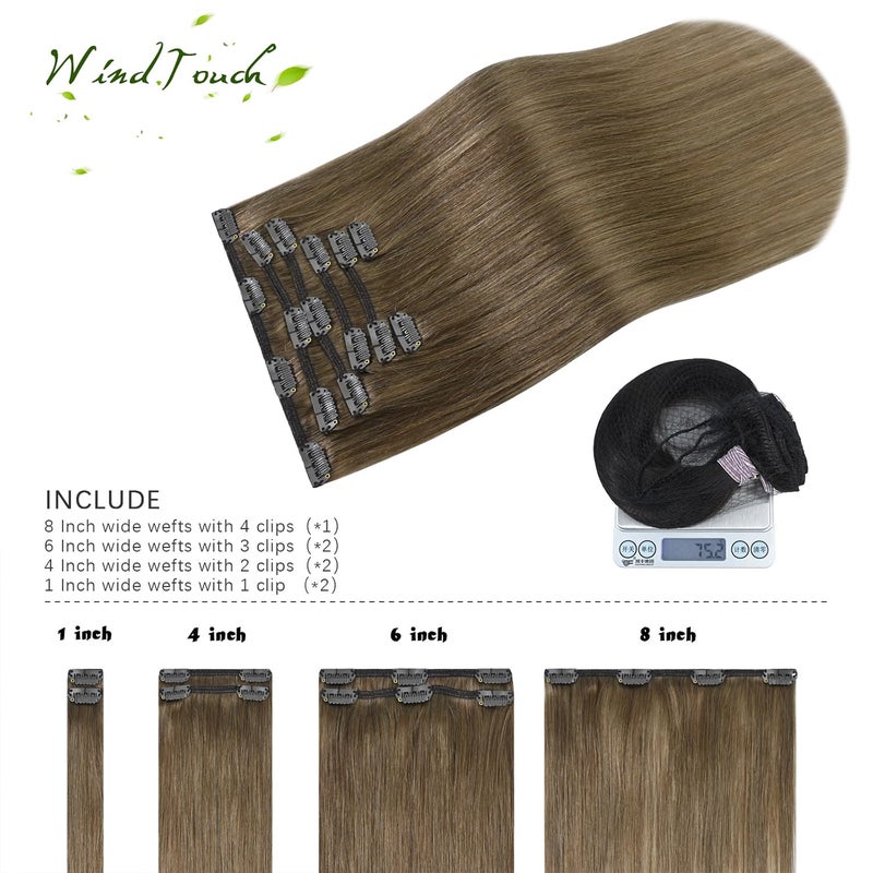 WindTouch Clip in Hair Extensions Remy Hair Ash Brown For Black Women 20Inch 75g Soft Clip Ins #8 7PCS Gift For Women - Image 3