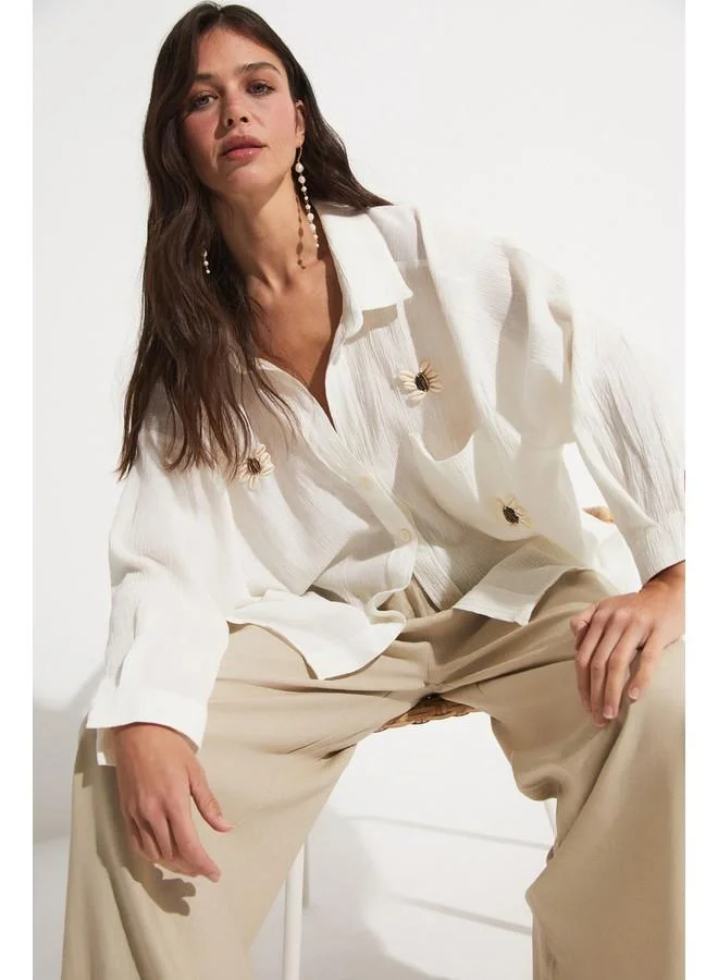 JUNE June Embroidered Detailed Loose Fit Shirt White