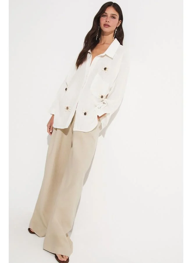 JUNE June Embroidered Detailed Loose Fit Shirt White
