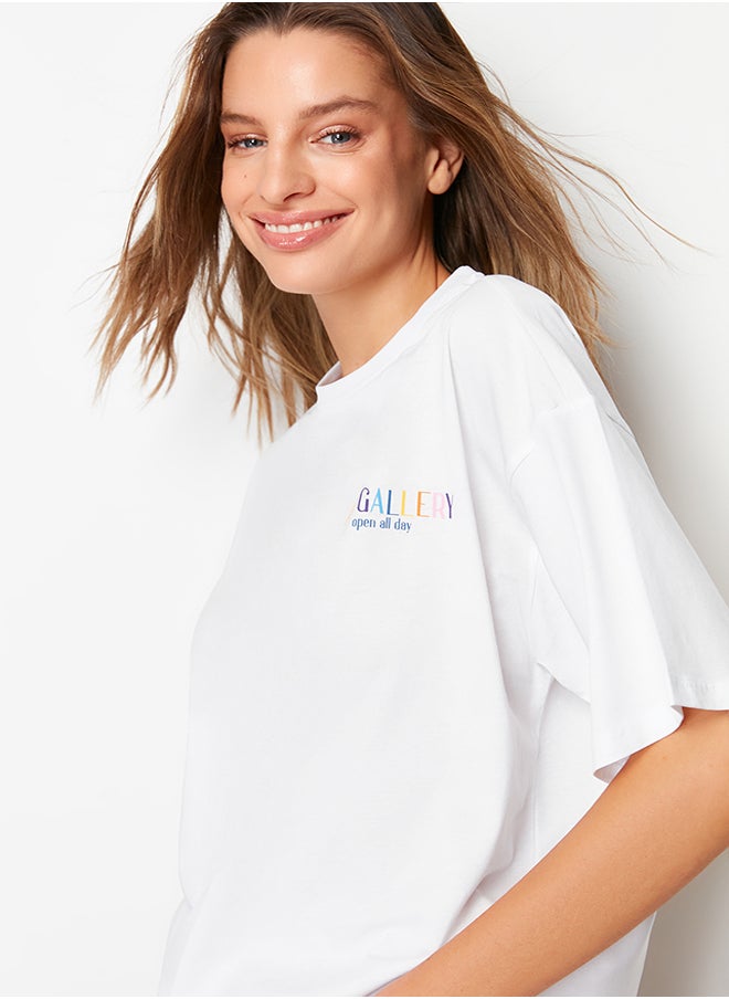 trendyol - White 100% Cotton Front and Back Printed Boyfriend Fit Crew Neck Knitted T-Shirt TWOSS23TS00057 - Image 1