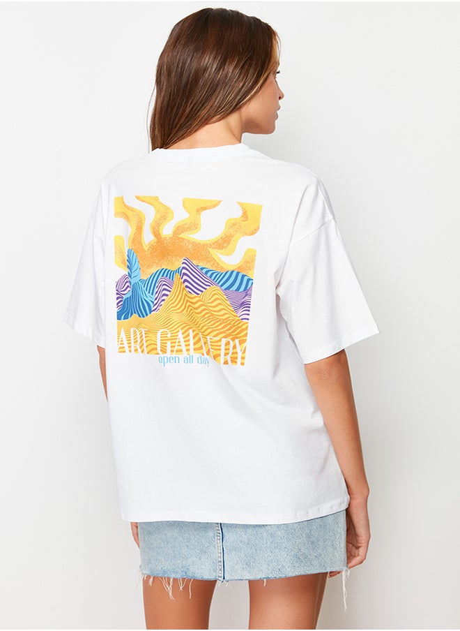 trendyol - White 100% Cotton Front and Back Printed Boyfriend Fit Crew Neck Knitted T-Shirt TWOSS23TS00057 - Image 1