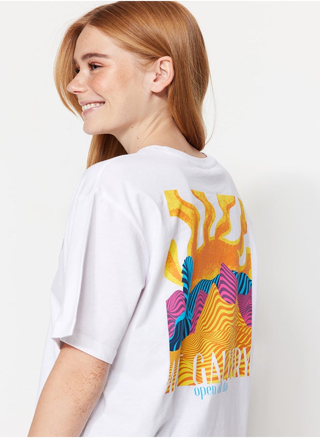 trendyol - White 100% Cotton Front and Back Printed Boyfriend Fit Crew Neck Knitted T-Shirt TWOSS23TS00057 - Image 1