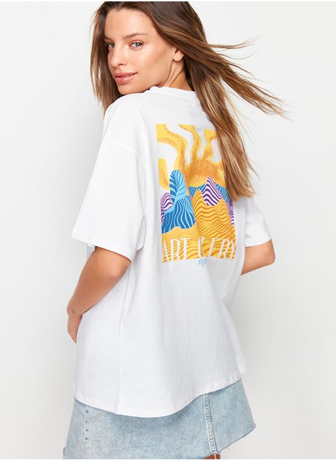 White 100% Cotton Front and Back Printed Boyfriend Fit Crew Neck Knitted T-Shirt TWOSS23TS00057