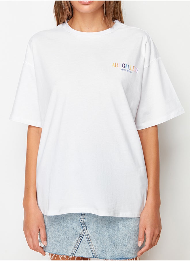trendyol - White 100% Cotton Front and Back Printed Boyfriend Fit Crew Neck Knitted T-Shirt TWOSS23TS00057 - Image 1