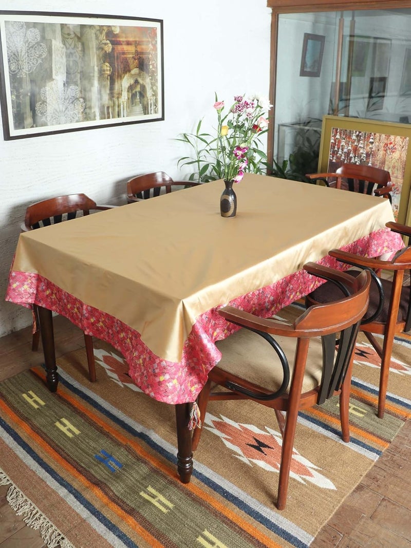 ZEBA World 6 Seater Table Cloth Floral Pattern with Panel Stich and Tassles Brocade Silk Pink Gold Heat Resistant Table Cover for Kitchen Table 52 X 84 Inches 130 cm X 210 cm - Image 1