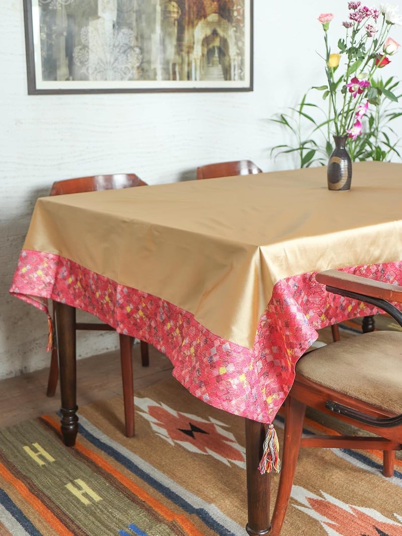 ZEBA World 6 Seater Table Cloth Floral Pattern with Panel Stich and Tassles Brocade Silk Pink Gold Heat Resistant Table Cover for Kitchen Table 52 X 84 Inches 130 cm X 210 cm - Image 2