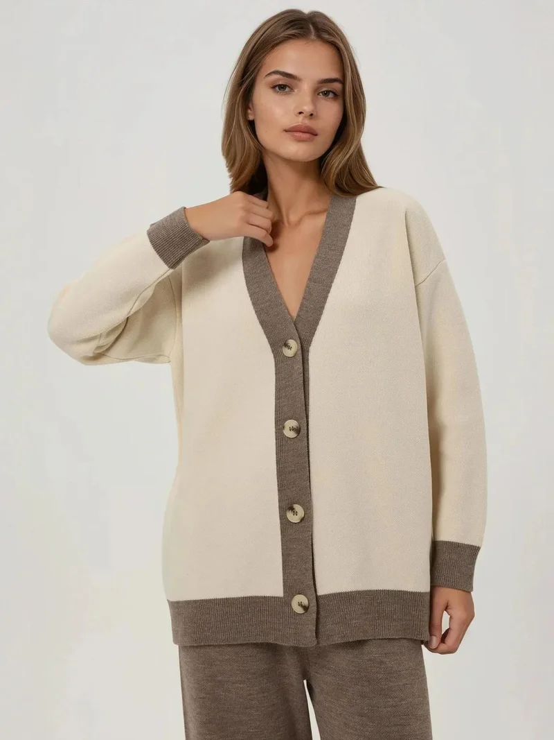 Hiccup Cream Natural Buttoned Cardigan & Textured High Waist Knit Pants Co-Ord Set for Women | Best Price UAE