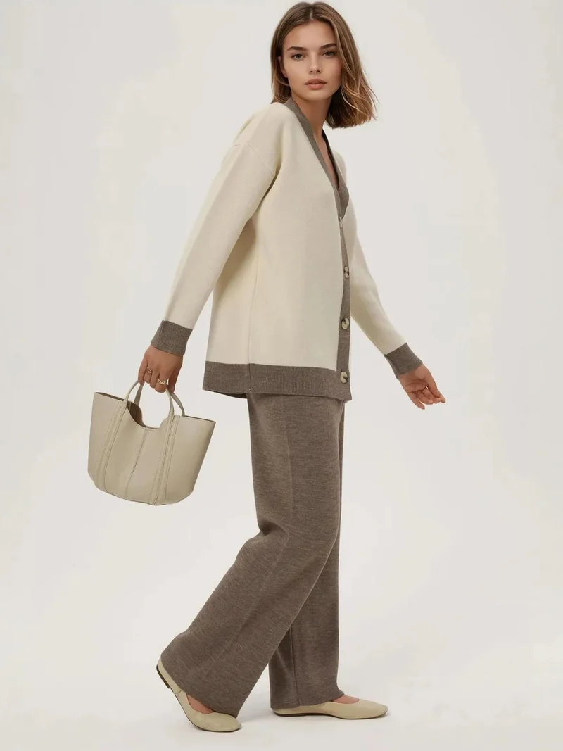 HICCUP Buttoned Cardigan & Textured High Waist Knit Pants Co-Ord Set