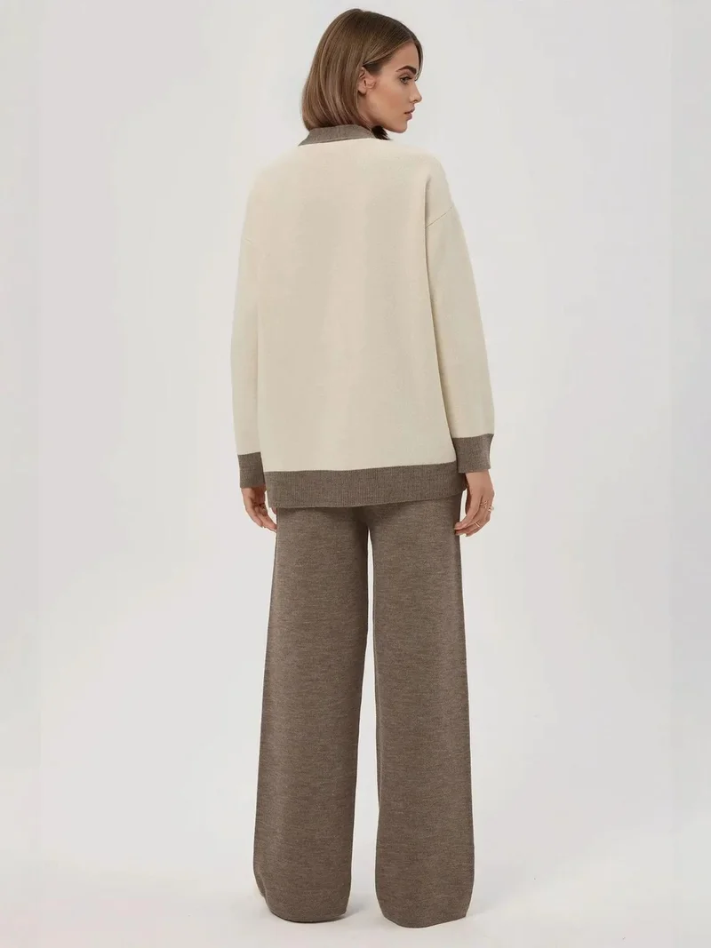 Hiccup Cream Natural Buttoned Cardigan & Textured High Waist Knit Pants Co-Ord Set for Women | Best Price UAE