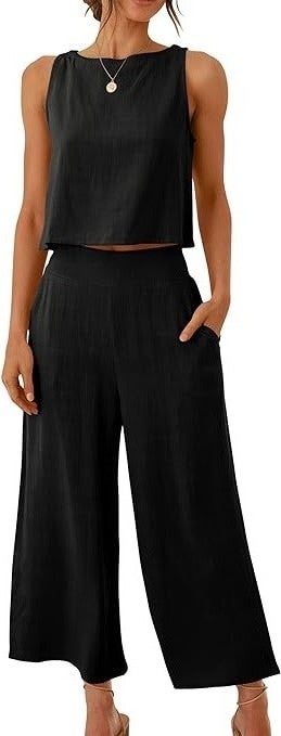 1Tarz Linen Summer High Waist Capri Pants Back Detail Sleeveless Two Piece Set - Image 1