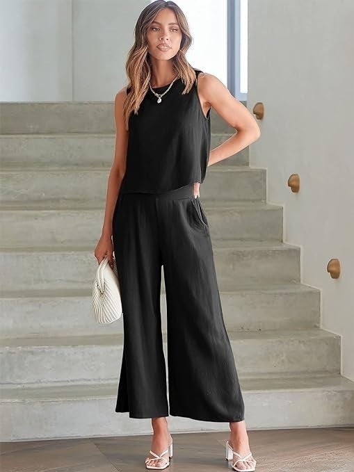 1Tarz Linen Summer High Waist Capri Pants Back Detail Sleeveless Two Piece Set - Image 4