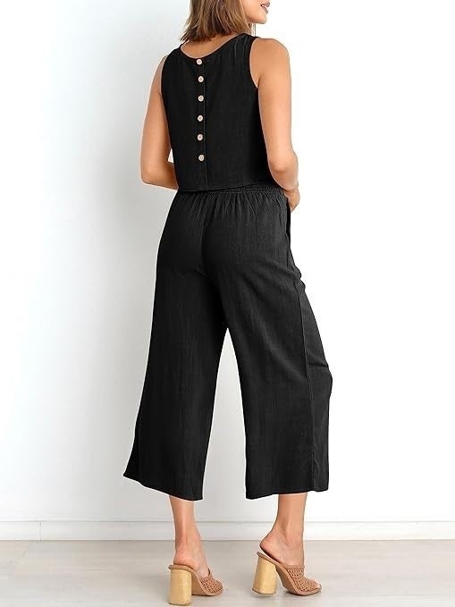 1Tarz Linen Summer High Waist Capri Pants Back Detail Sleeveless Two Piece Set - Image 3