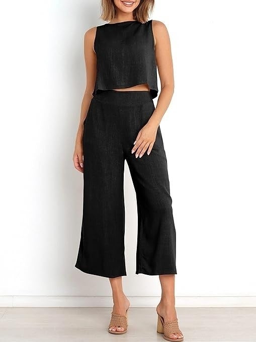 1Tarz Linen Summer High Waist Capri Pants Back Detail Sleeveless Two Piece Set - Image 2