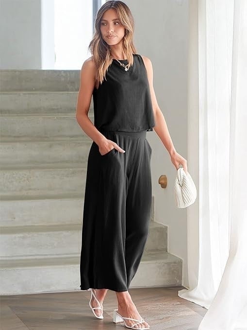 1Tarz Linen Summer High Waist Capri Pants Back Detail Sleeveless Two Piece Set - Image 5