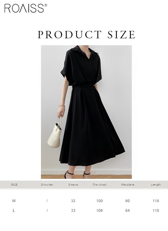 Women's Fashionable Temperament Lapel Shirt Dress Versatile Waist Tightening Short Sleeved A-Line Dress Back Waist Elastic Design Suit Dress