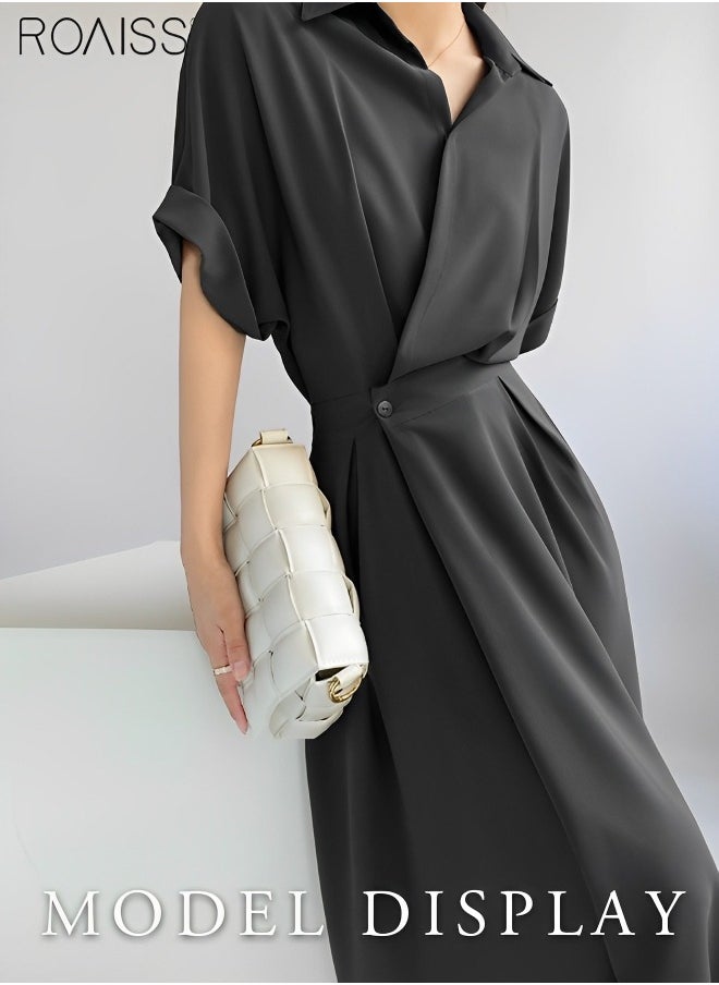 Women's Fashionable Temperament Lapel Shirt Dress Versatile Waist Tightening Short Sleeved A-Line Dress Back Waist Elastic Design Suit Dress