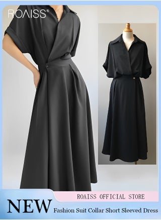 Women's Fashionable Temperament Lapel Shirt Dress Versatile Waist Tightening Short Sleeved A-Line Dress Back Waist Elastic Design Suit Dress - pzsku/Z1E28A7737B11B2645092Z/45/1748848409/f8bee025-f2a6-451b-8e90-c1f34381466e