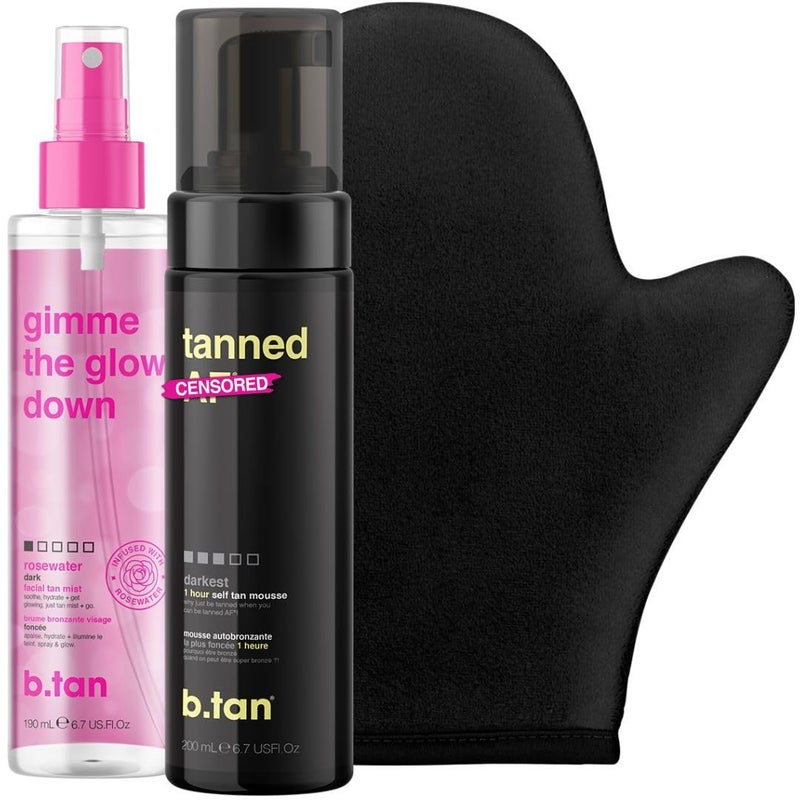 b tan b.tan Dark Self Tan Foam & Face Mist Kit | b.tan + Glow Bundle - Sunless Tanning Mousse, Bronzing Gradual Facial + Body Spray, Mitt Applicator, 1 Hour Express, No Fake Tanner Smell, 6.7 Fl Oz - Image 1