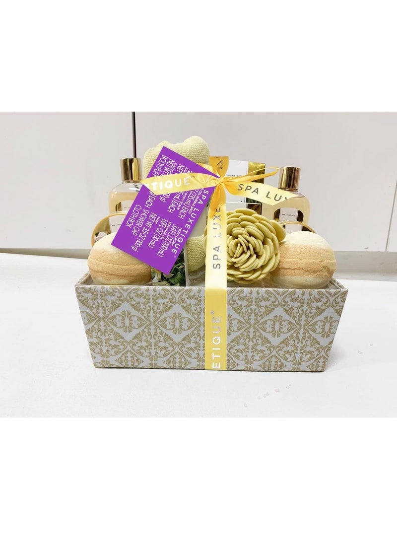spa luxetique Spa Gift Basket,  Luxury 12 Pcs Bath Gift Box, Relaxing at Home Bath Set Scented with Vanilla Includes Bath Salts, Bath Bombs, Body Scrub, Best Spa Gift for Women.  - Image 5
