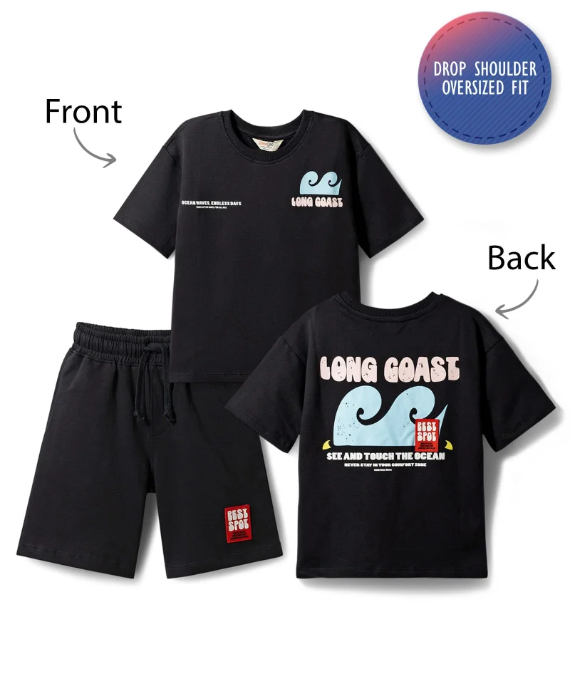 Primo Gino Primo Gino 100% Cotton French Terry Oversized T-Shirt & Shorts Set with Front & Back Text Print - Black