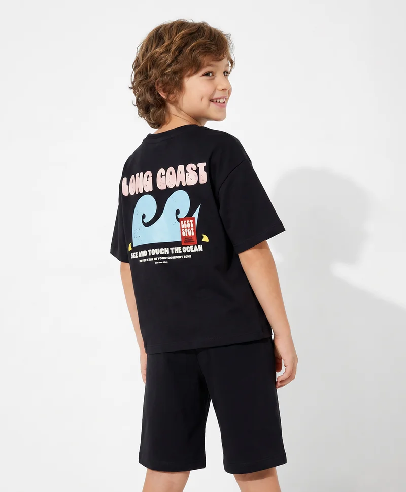 Primo Gino Primo Gino 100% Cotton French Terry Oversized T-Shirt & Shorts Set with Front & Back Text Print - Black