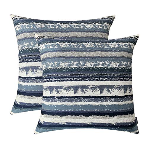 ROMANDECO Jacquard Striped Decorative Throw Pillow Covers for Couch Set of 2, 18x18 Inches, Navy Blue - Image 1