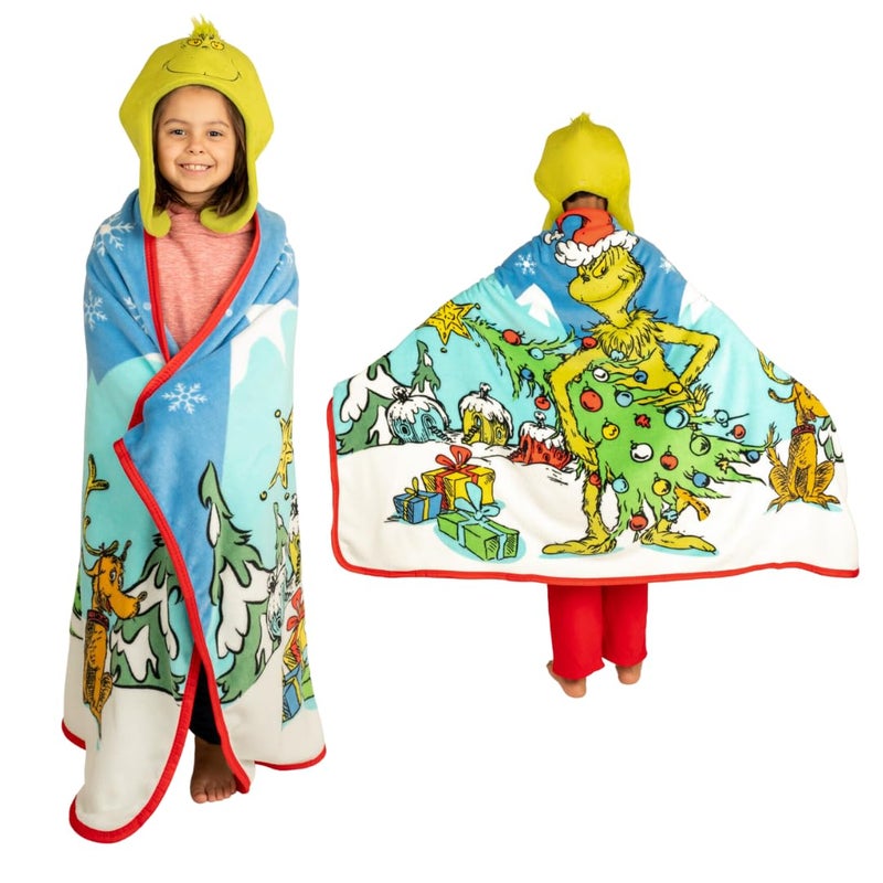 Franco FRANCO Dr Seuss The Grinch Costume Holiday and Christmas Kids Super Soft Hooded Throw with Detachable Hat 50L X 60 W Official Licensed Product 