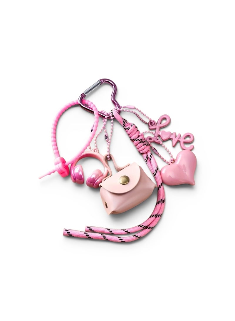 Aura Style Pink Aesthetic Multi-Charm Keychain for Women and Girls, Cute Bag Pendant with Mini Pouch, Lanyard and Heart Carabiner - Image 1