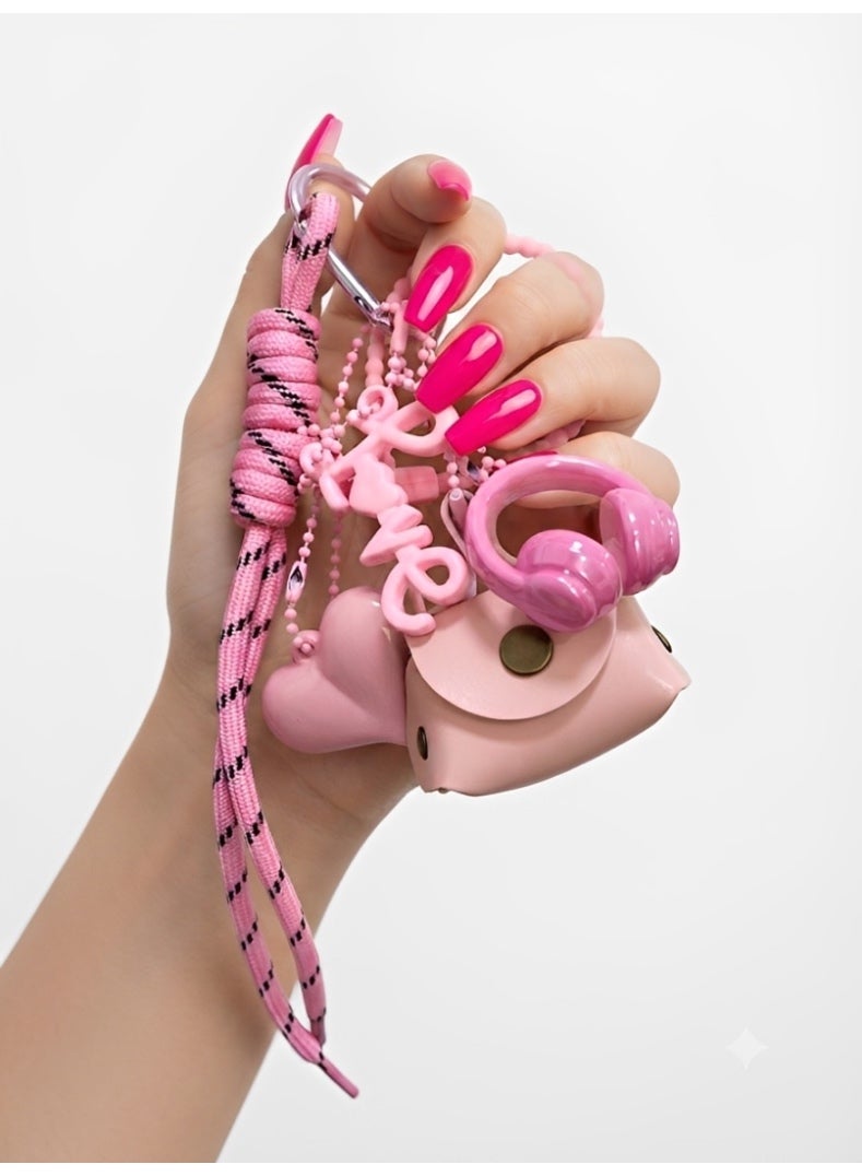 Aura Style Pink Aesthetic Multi-Charm Keychain for Women and Girls, Cute Bag Pendant with Mini Pouch, Lanyard and Heart Carabiner - Image 2