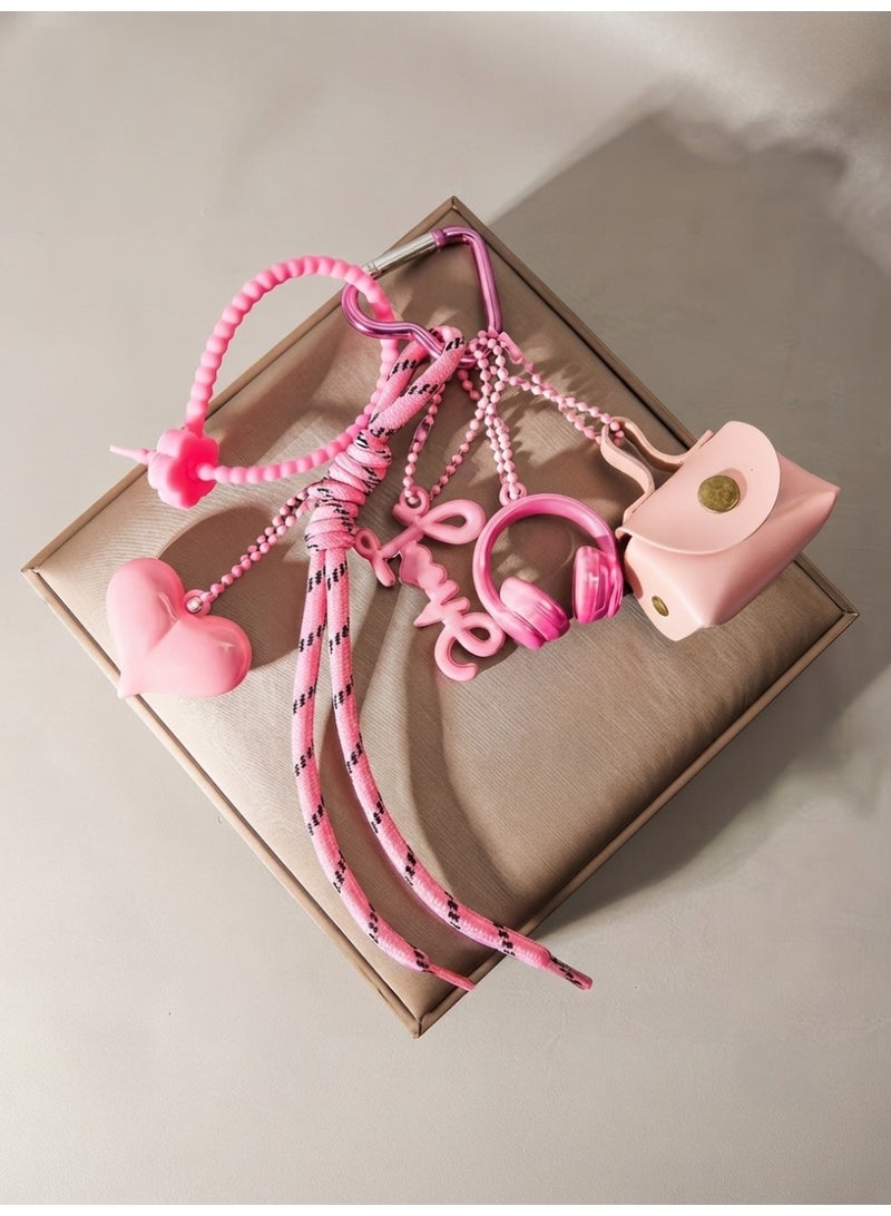 Aura Style Pink Aesthetic Multi-Charm Keychain for Women and Girls, Cute Bag Pendant with Mini Pouch, Lanyard and Heart Carabiner - Image 3