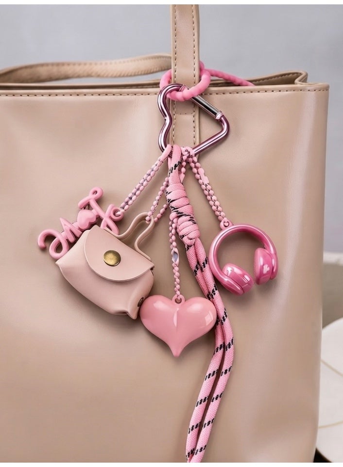 Aura Style Pink Aesthetic Multi-Charm Keychain for Women and Girls, Cute Bag Pendant with Mini Pouch, Lanyard and Heart Carabiner - Image 4