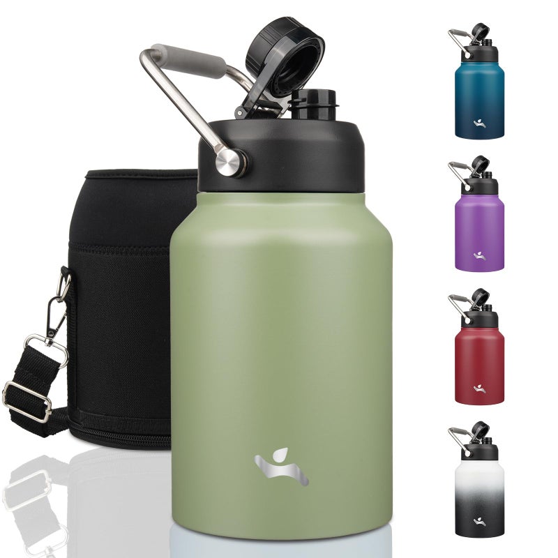 Konokyo Half Gallon Jug with Handle,64 oz Insulated Water Bottle with Carrying Pouch,Double Wall Vacuum Stainless Steel Metal Bottle,Camp Green - Image 1