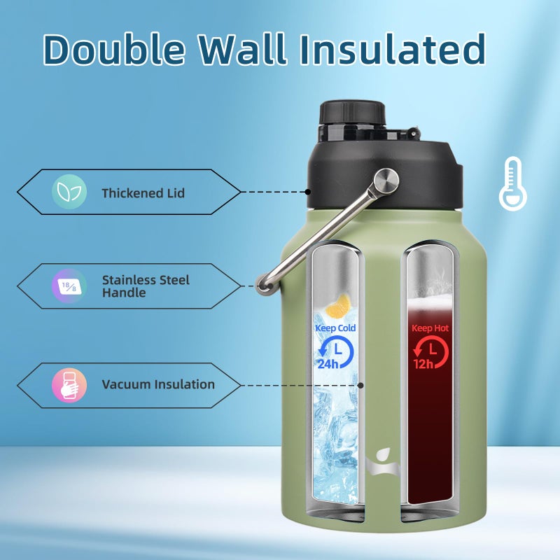 Konokyo Half Gallon Jug with Handle,64 oz Insulated Water Bottle with Carrying Pouch,Double Wall Vacuum Stainless Steel Metal Bottle,Camp Green - Image 3