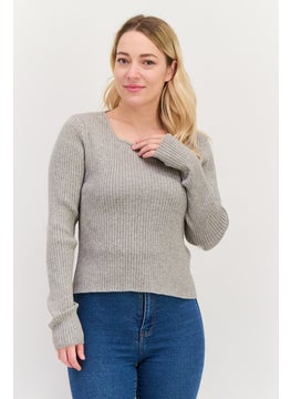Women Round Neck Long Sleeve Ribbed Cut Out Blouse, Grey
