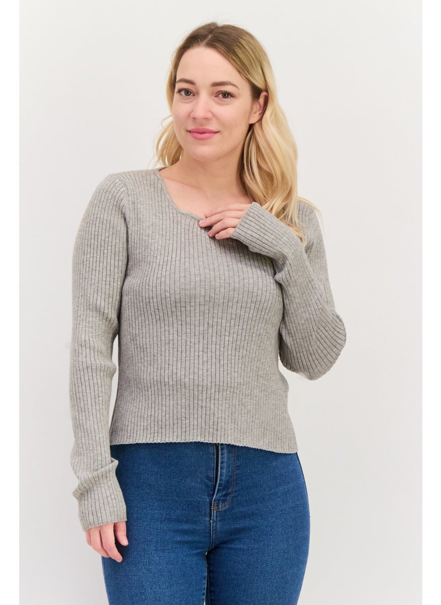 Sage The Label - Women Round Neck Long Sleeve Ribbed Cut Out Blouse, Grey - Image 1