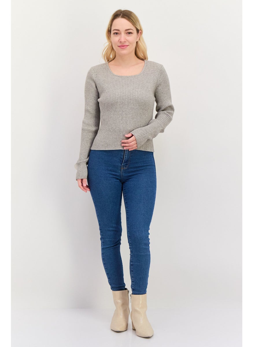 Sage The Label - Women Round Neck Long Sleeve Ribbed Cut Out Blouse, Grey - Image 1