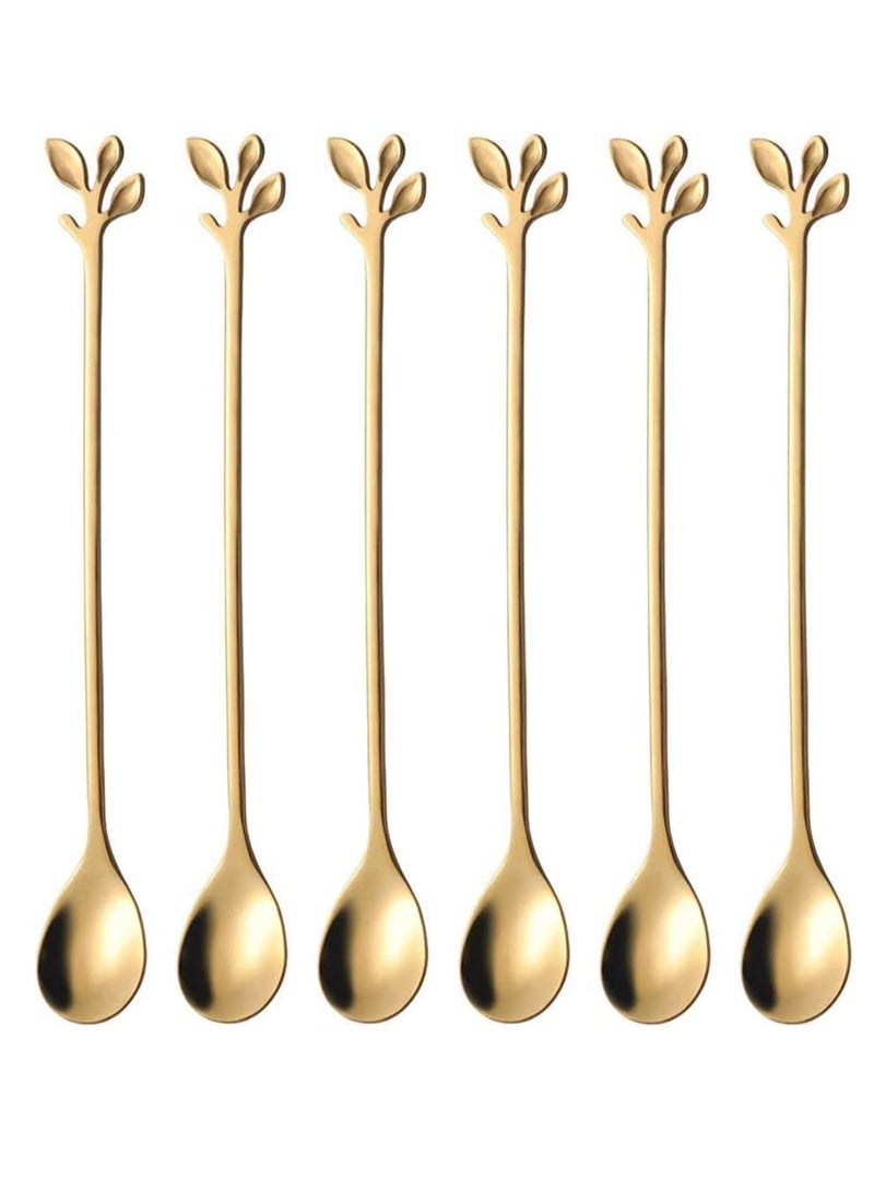Mmmon 6 Pcs Gold Leaf Long Handle Tea Spoons Appetizer fork set omicfs Ice Cream Spoon,Creative Gold Leaf Spoons,Premium Food Grade Stainless Steel Spoons(Gold) - Image 1