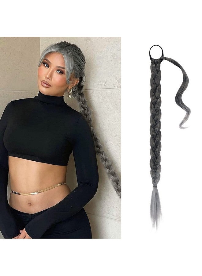 BARSDAR 26 Inch Long Braided Ponytail Extension With Hair Tie Straight Wrap Around Hair Extensions Pony Tail Diy Natural Soft Synthetic Hair Piece For Women Girlsblack Mixed Silver Grey Gradient - Image 1