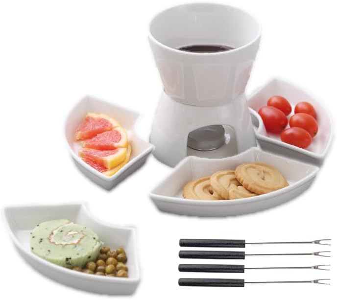 CORJEEJOR Fondue Pot Set,Ceramic Butter Warmer Set with 4 Forks and 4 Dishes,Cheese Fondue Pot,Fondue Pot Melting Pot Set,Melt Hot Pot Bowl Set For Cheese Chocolate Butter Caramel - Image 1