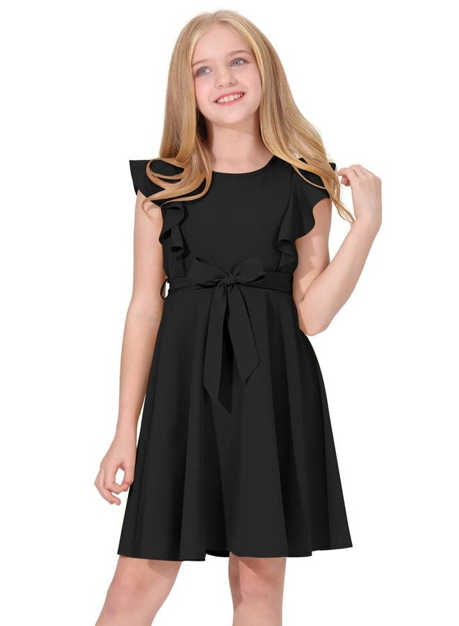 Quedoris Girls Ruffle Trim Dress Print and Solid Color A-line Swing Flared Belted Casual Party Dress with Zipper, Black, 13-14 Years - Image 1