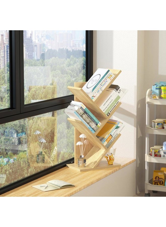 SHEEPAM 5 Tier Tree Book Shelf, Small Desktop Bookshelf with Storage Organizer, Wood Bookcase, Desk Display Bookshelves, Floor Standing Organizer Bookcases for Living Room,Bedroom,Office-Natural - Image 5