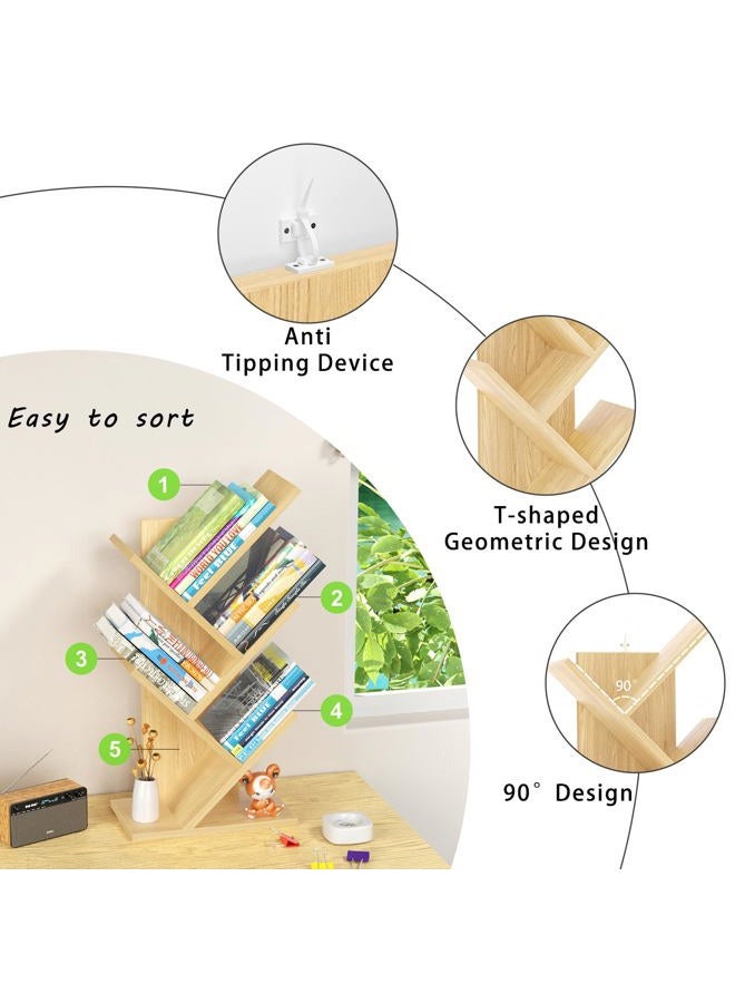 SHEEPAM 5 Tier Tree Book Shelf, Small Desktop Bookshelf with Storage Organizer, Wood Bookcase, Desk Display Bookshelves, Floor Standing Organizer Bookcases for Living Room,Bedroom,Office-Natural - Image 2