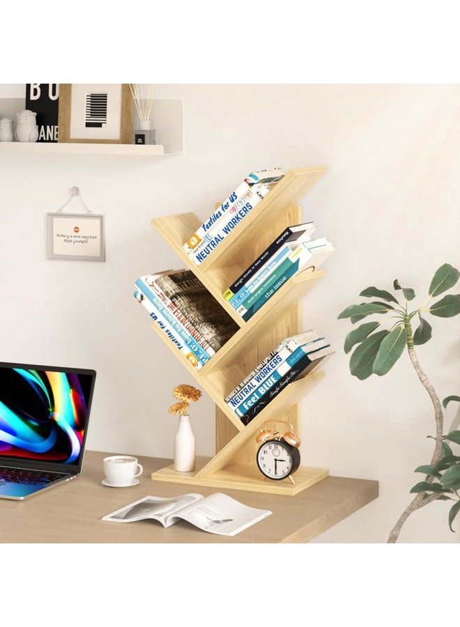 SHEEPAM 5 Tier Tree Book Shelf, Small Desktop Bookshelf with Storage Organizer, Wood Bookcase, Desk Display Bookshelves, Floor Standing Organizer Bookcases for Living Room,Bedroom,Office-Natural - Image 4