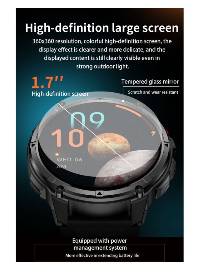 الرجال الرياضة ووتش تطور قوي، التقدم الشجاع 1.7 "شاشة HD| 1100mAh بطارية في الهواء الطلق مصباح يدوي بوصلة متعددة الرياضة وضع أسود - Image 4