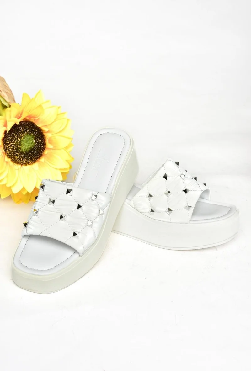 فوكس شوز S590750204 White Fabric Women's Slippers with Staple Detail