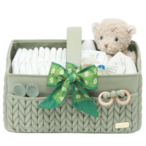 LUKJOJO Luxurious Baby Diaper Caddy Nursery Storage Basket for Newborn Essentials Travel Baby Basket for Diapers Baby Wipes Organizer Tote Bag Storage Bin Baby Shower GiftsSage Green - Image 1